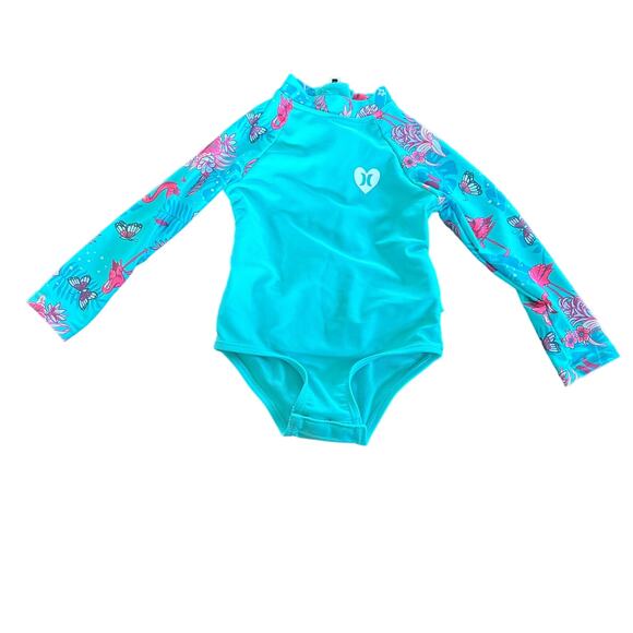 Hurley Other - Hurley Girls 12 Month  Rashguard Swimsuit Green Pink Floral Ruffles Zipper